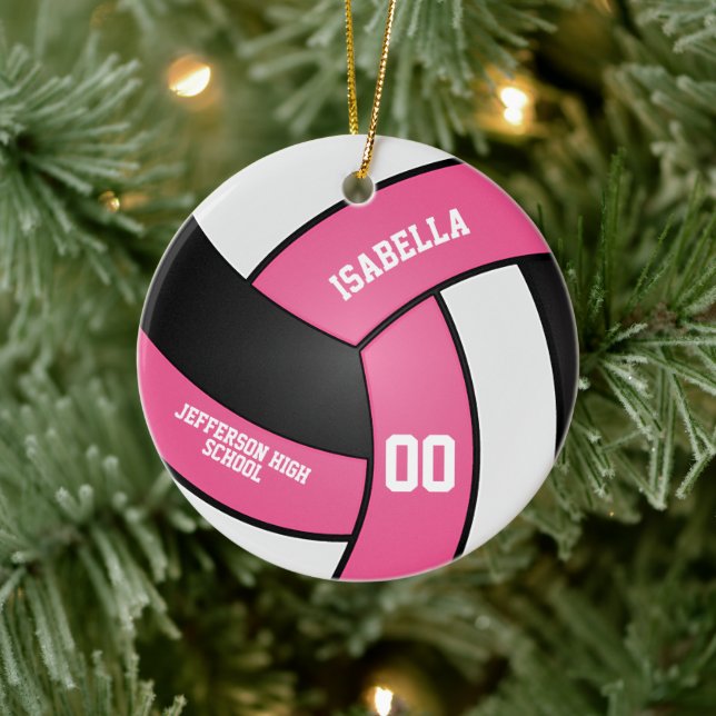 Rosa, Weiß und Schwarzer Volleyball Keramik Ornament (Baum)