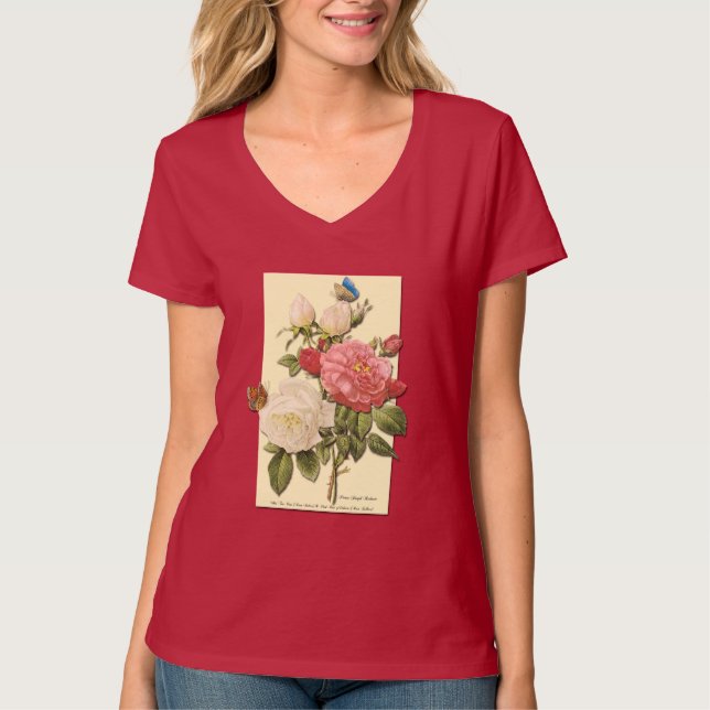 Rosa Weiß Vintag Botanische Rose TShirt (Vorderseite)