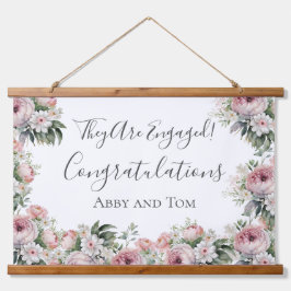 Rosa Weißblütenbanner Elegante Verlobung Wandteppich Mit Holzrahmen