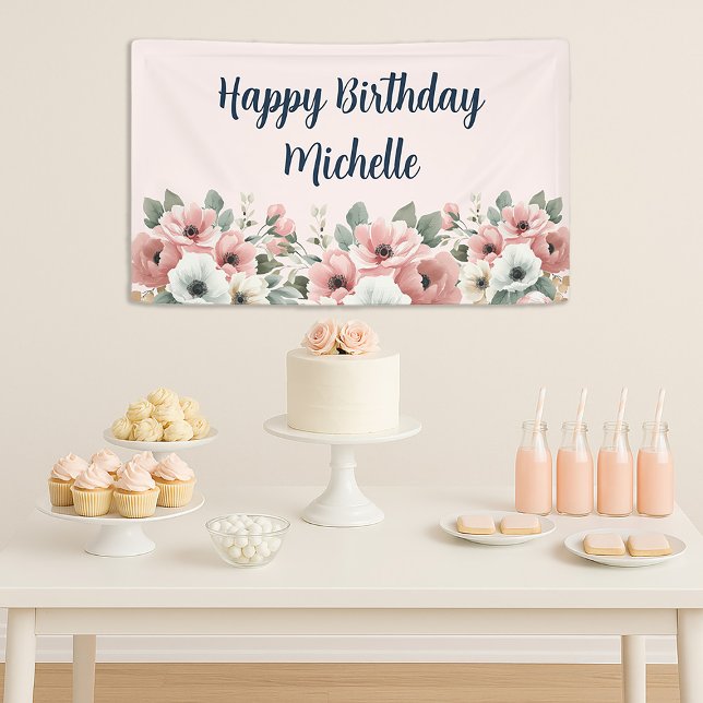 Rosa Weiße Aquarell Blumen Glücklicher Geburtstag Banner (Elegant pink and white watercolor floral "Happy birthday" banner)