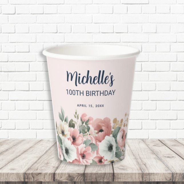 Rosa Weiße Aquarellblume 100. Geburtstag Pappbecher (Pink and white watercolor floral 100th birthday party paper cup)