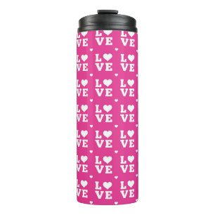 ROSA & WEIßE BLOCKSCHRIFT LIEBE MIT HERZEN THERMOSBECHER