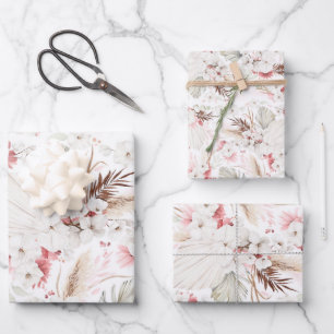 Rosa Weiße Blume Botanischer Boho Elegante Geschenkpapier Set