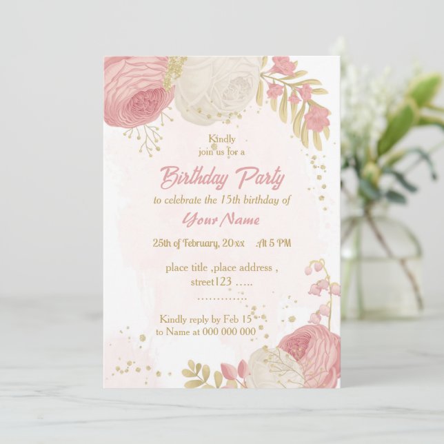 Rosa-weiße Blume Goldbotanik Geburtstagsparty Einladung (Stehend Vorderseite)
