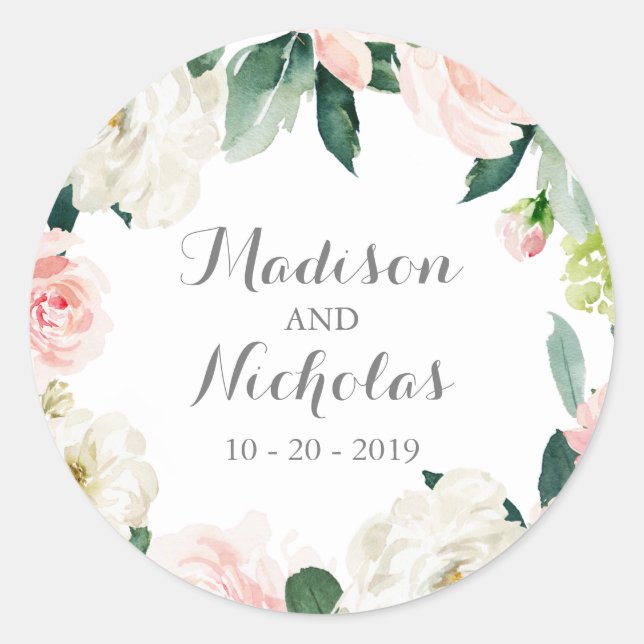 Rosa weiße Blume Hochzeitskleber für Umschlag Aufk Runder Aufkleber (Vorderseite)