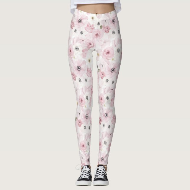 Rosa Weiße Blume Leggings (Vorderseite)