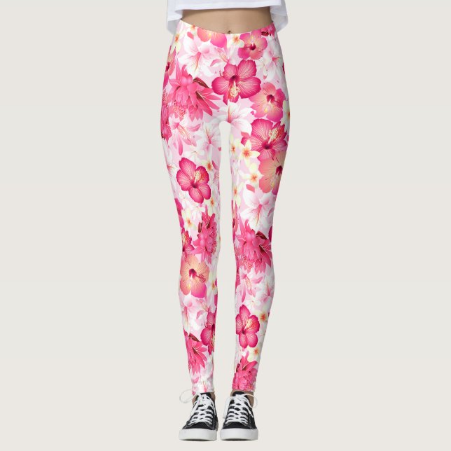 Rosa-weiße Blume Leggings (Vorderseite)
