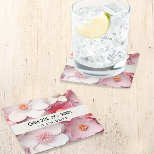 Rosa weiße Blume Name Geburtstagsparty Rechteckiger Pappuntersetzer