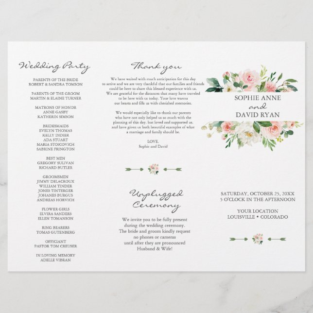 Rosa weiße Blume Tri+Fold Hochzeitsprogramm (Vorne)