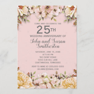 Rosa weiße Blumen zum 25. Hochzeitstag Einladung