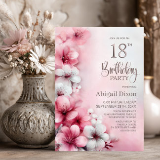 Rosa-weiße Blumenparty zum 18. Geburtstag Einladung
