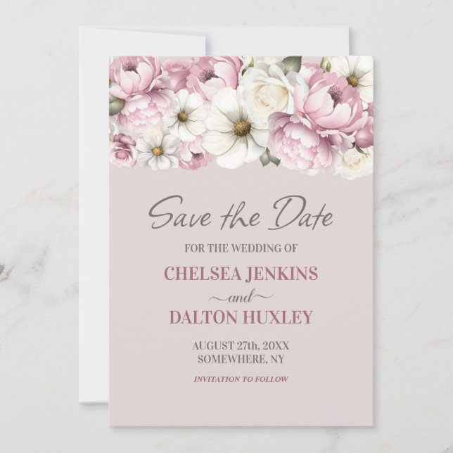 Rosa weiße Blütenhochzeit retten das Datum Save The Date (Vorderseite)