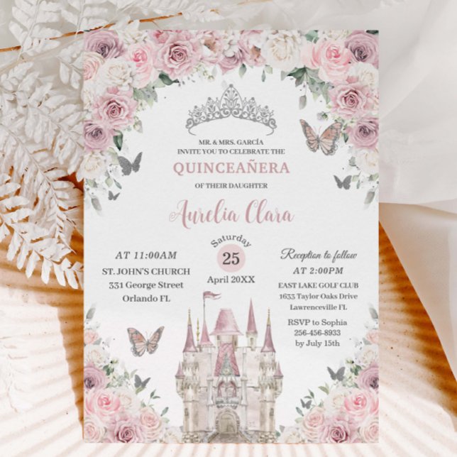 Rosa Weiße Blütenprinzessin Burg Quinceañera XV Einladung (light-dusty-pink-white-floral-princess-castle-silver-Quinceañera-15th-sweet-16-birthday-party-invite)