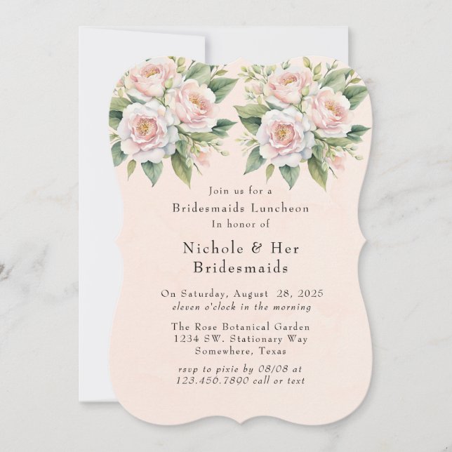 Rosa Weiße botanische Rose Bridesmaids Luncheon Einladung (Vorderseite)