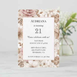 Rosa weiße Creme-Blumen Leopard Abstract Geburtsta Einladung