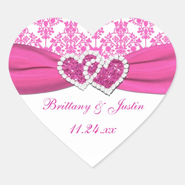 Rosa, weiße Damaske, gekleidete Herzensaufkleber Herz-Aufkleber (Vorderseite)