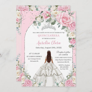 Rosa Weiße Flora Silberschmiede Quinceanera Süß 16 Einladung
