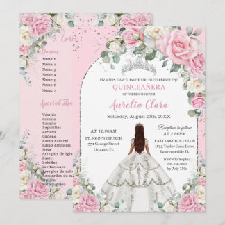 Rosa Weiße Flora Silberschmiede Quinceanera Süß 16 Einladung