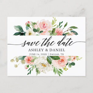 Rosa-weiße florale Kalligrafie - Save The Date Postkarte