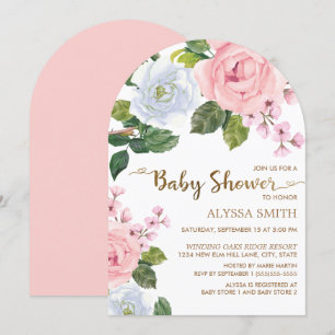Rosa weiße florale Rosenbogen-Babyparty Einladung