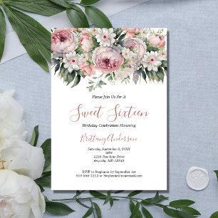 Rosa weiße florale Sweet Sixteen 16 Geburtstag Einladung