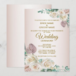 Rosa Weiße Florale Wasserfarbe Greenery Hochzeit Einladung