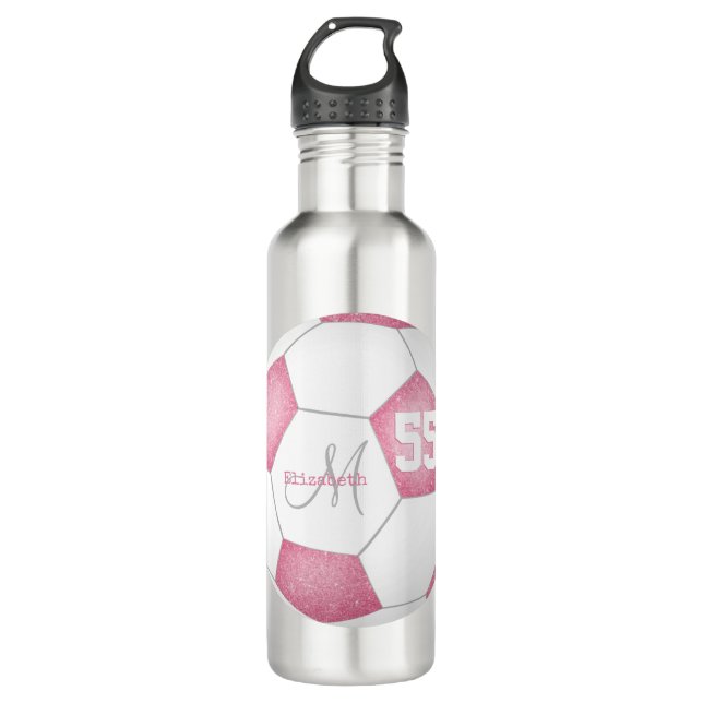 Rosa weiße Girl-Fußballnummer Edelstahlflasche (Vorderseite)