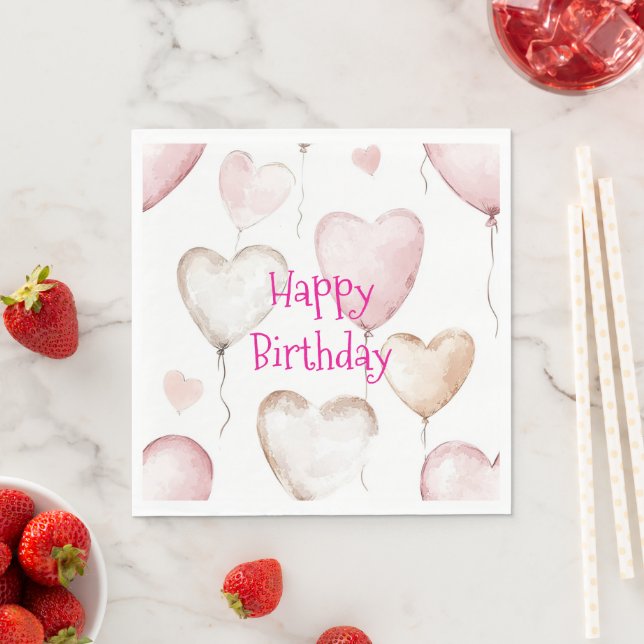 Rosa weiße Herzen Ballons Geburtstag   Serviette (Beispiel)