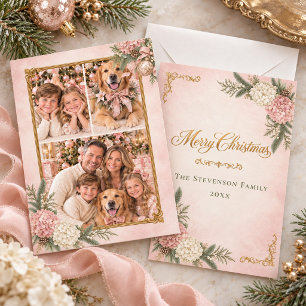 Rosa & Weiße Hortensien-Erbstück-Foto-Weihnachten Feiertagskarte