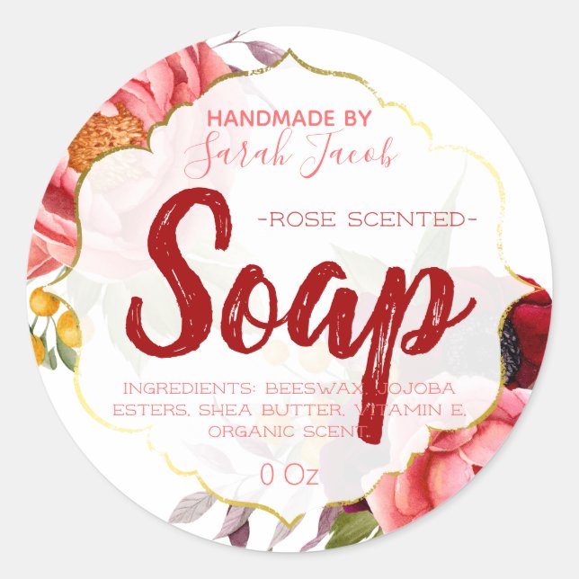 Rosa Weiße Imitate Gold Blumenseife Runder Aufkleber (Vorderseite)