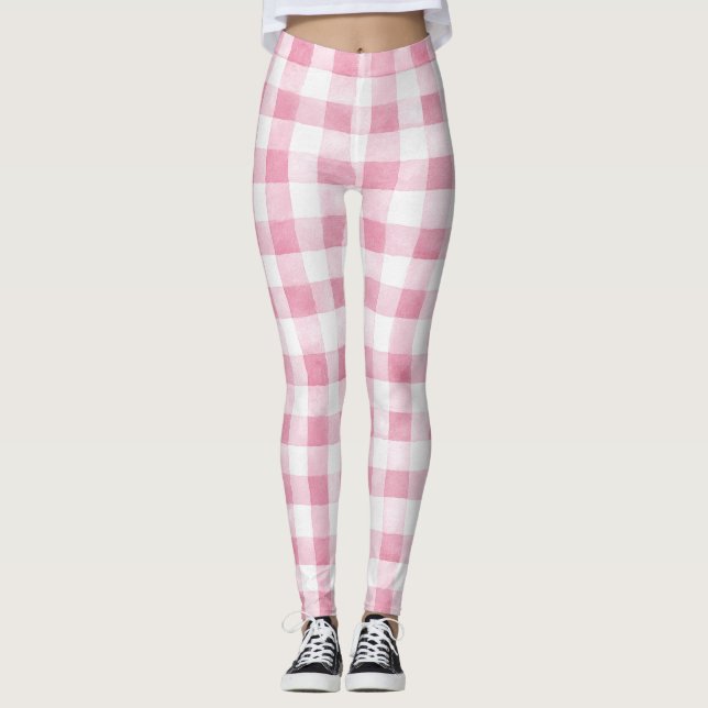 Rosa Weiße Karierte Streifen Leggings (Vorderseite)