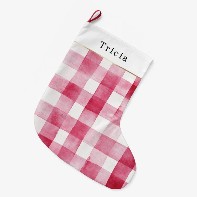Rosa Weiße Karierte Streifen Weihnachten Großer Weihnachtsstrumpf (Vorderansicht (hängend))