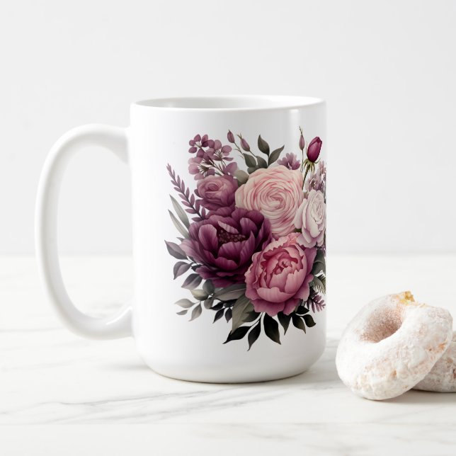 Rosa Weiße Lila Rose Peonies Blume Kaffeetasse (Mit Donut)