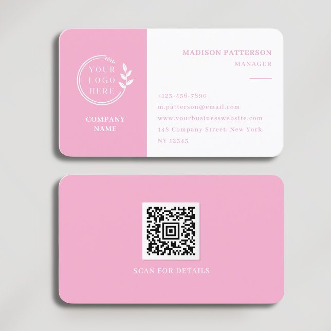 Rosa weiße Logos QR-Code Minimalistisch Visitenkarte (Von Creator hochgeladen)