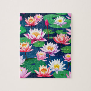 Rosa Weiße Lotus-Seerosen-Blumen & Grüne Blätter Puzzle