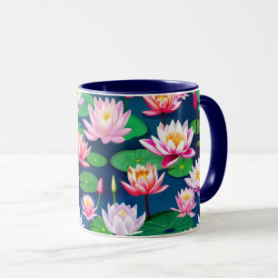 Rosa Weiße Lotus-Seerosen-Blumen & Grüne Blätter Tasse
