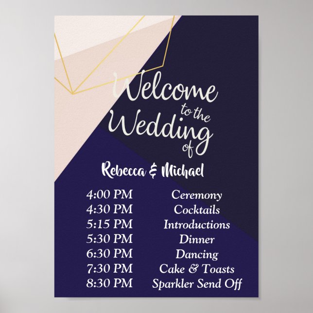 Rosa, weiße Marine, blau und goldfarbener Geom Rei Poster (Vorne)