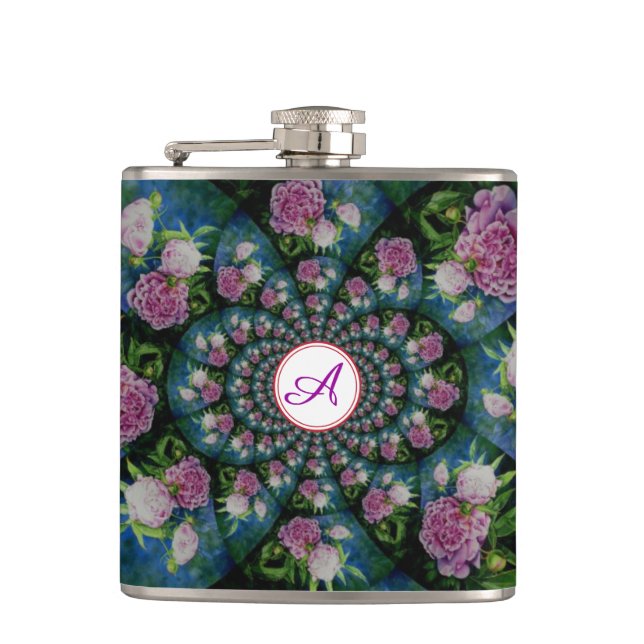 Rosa, weiße Perle, Blumenmandala Flachmann (Vorderseite)