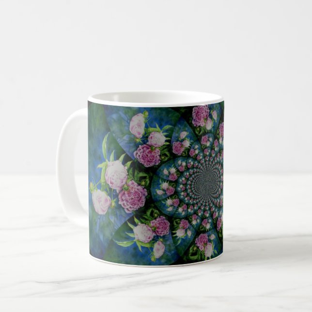 Rosa, weiße Perle, Blumenmandala Kaffeetasse (Vorderseite Links)