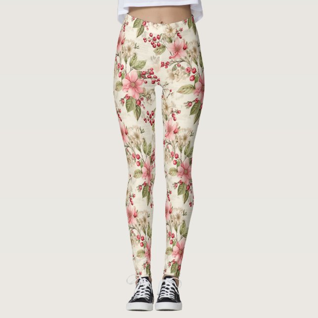 Rosa, weiße Poinsettias, Grüne und rote Berries Leggings (Vorderseite)