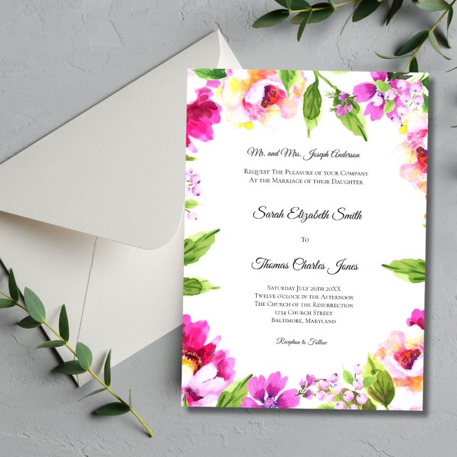 Rosa Weiße Pony Blumengrün Elegante Hochzeit Einladung (Pink Green Watercolor Floral Traditional Formal Wedding Invitation. Elegant Church Wedding)