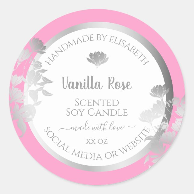 Rosa weiße Produktverpackungsetiketten Silberrahme Runder Aufkleber (Vorderseite)