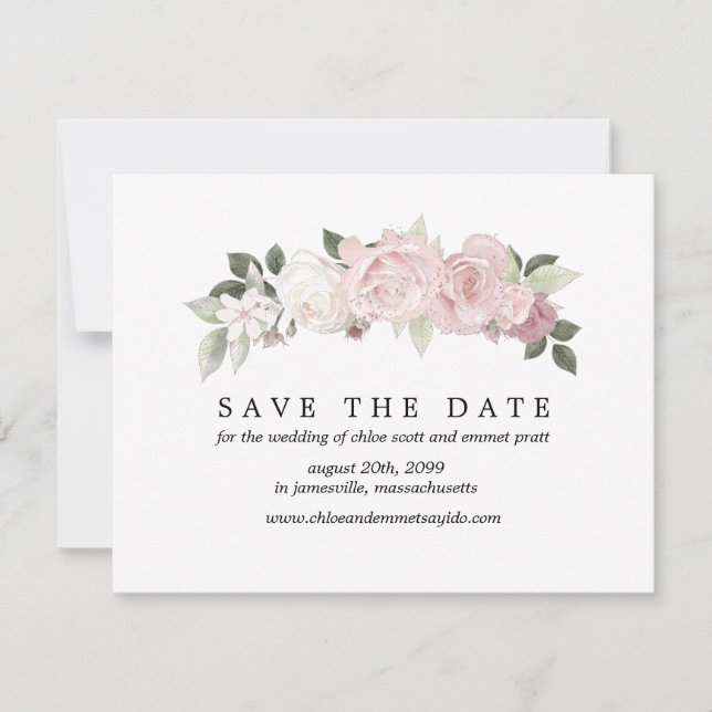 Rosa weiße Rose Save the Date Karte mit Foto hinte (Vorderseite)