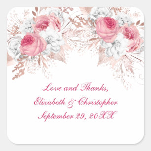 Rosa weiße Roségold Blumen Hochzeit Quadratischer Aufkleber