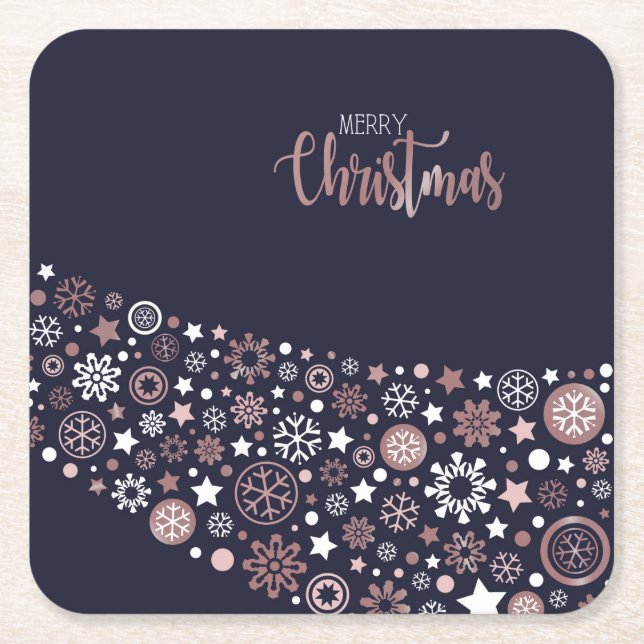 Rosa, weiße Schneeflocken, blau Rechteckiger Pappuntersetzer (Vorderseite)
