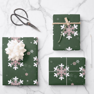 Rosa Weiße Schneeflocken Grün Geschenkpapier Set