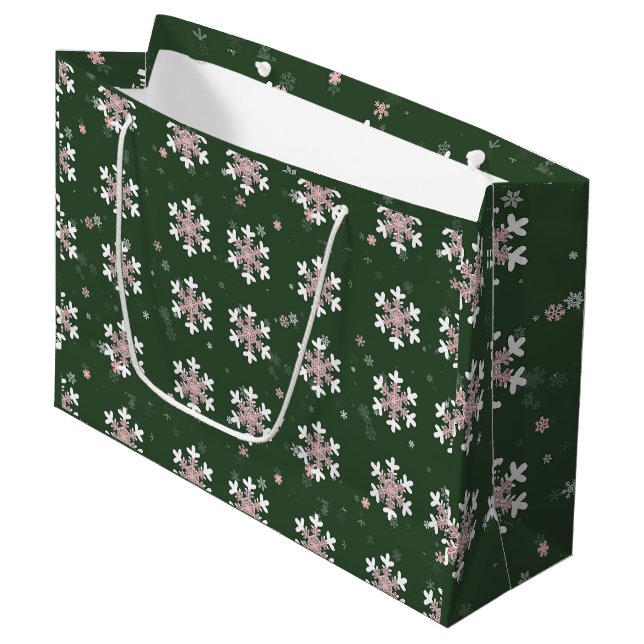 Rosa Weiße Schneeflocken Grün Große Geschenktüte (Vorderseite Schrägansicht)