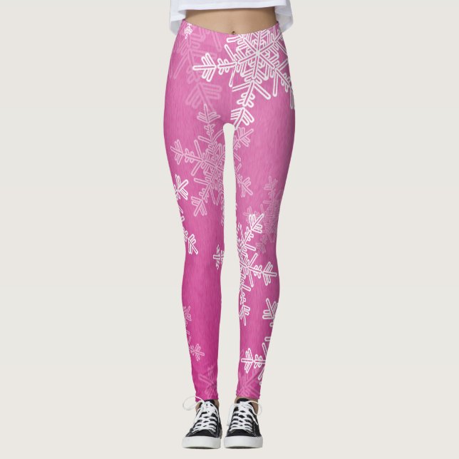 Rosa weiße Schneeflocken Minimalistische Weihnacht Leggings (Vorderseite)