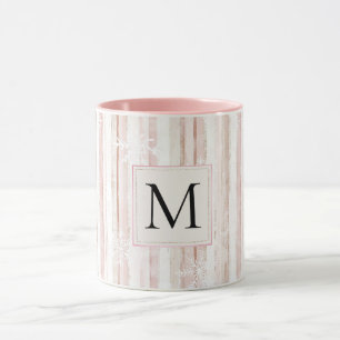 Rosa weiße Schneeflocken Streifen Monogramm Tasse