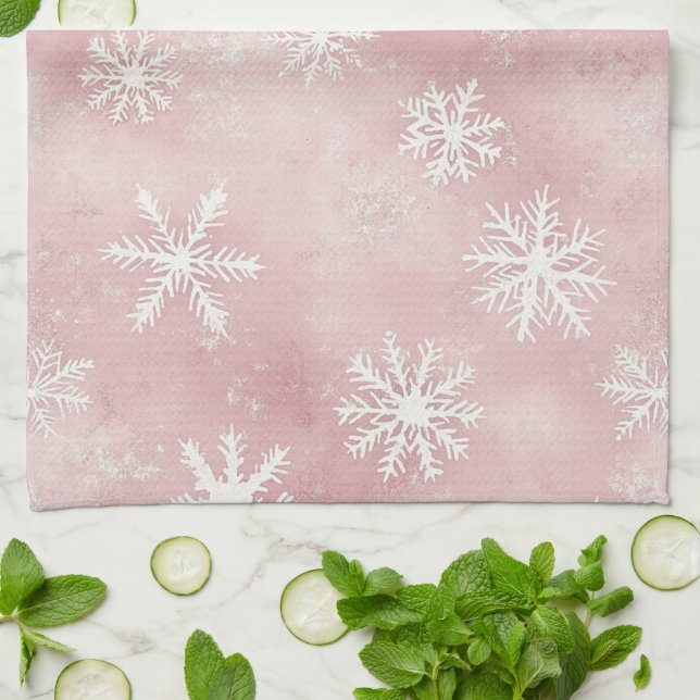 Rosa weiße Schneeflocken Weihnachten Geschirrtuch (Gefaltet)